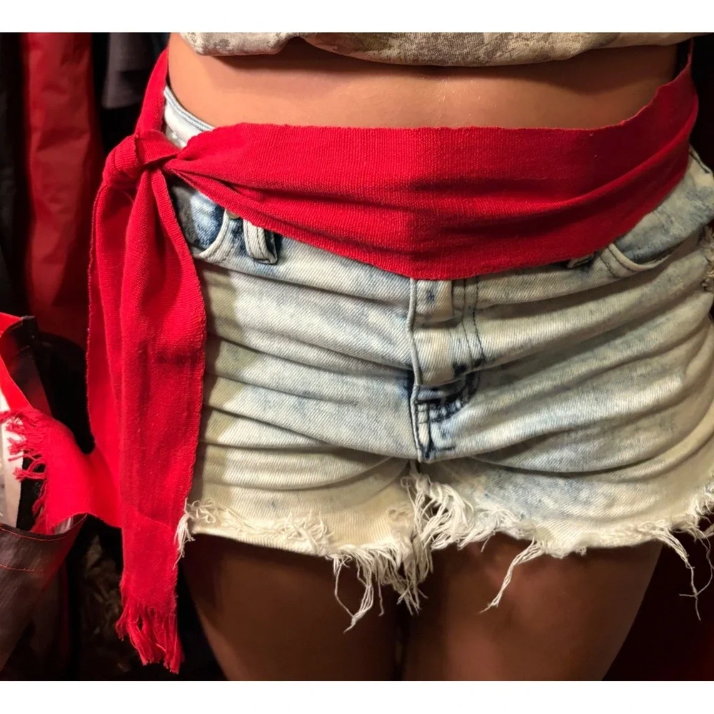 Vibrant Red Sash Belt Women's Ribbed Knit Fringe Frayed Edge Tie Waist